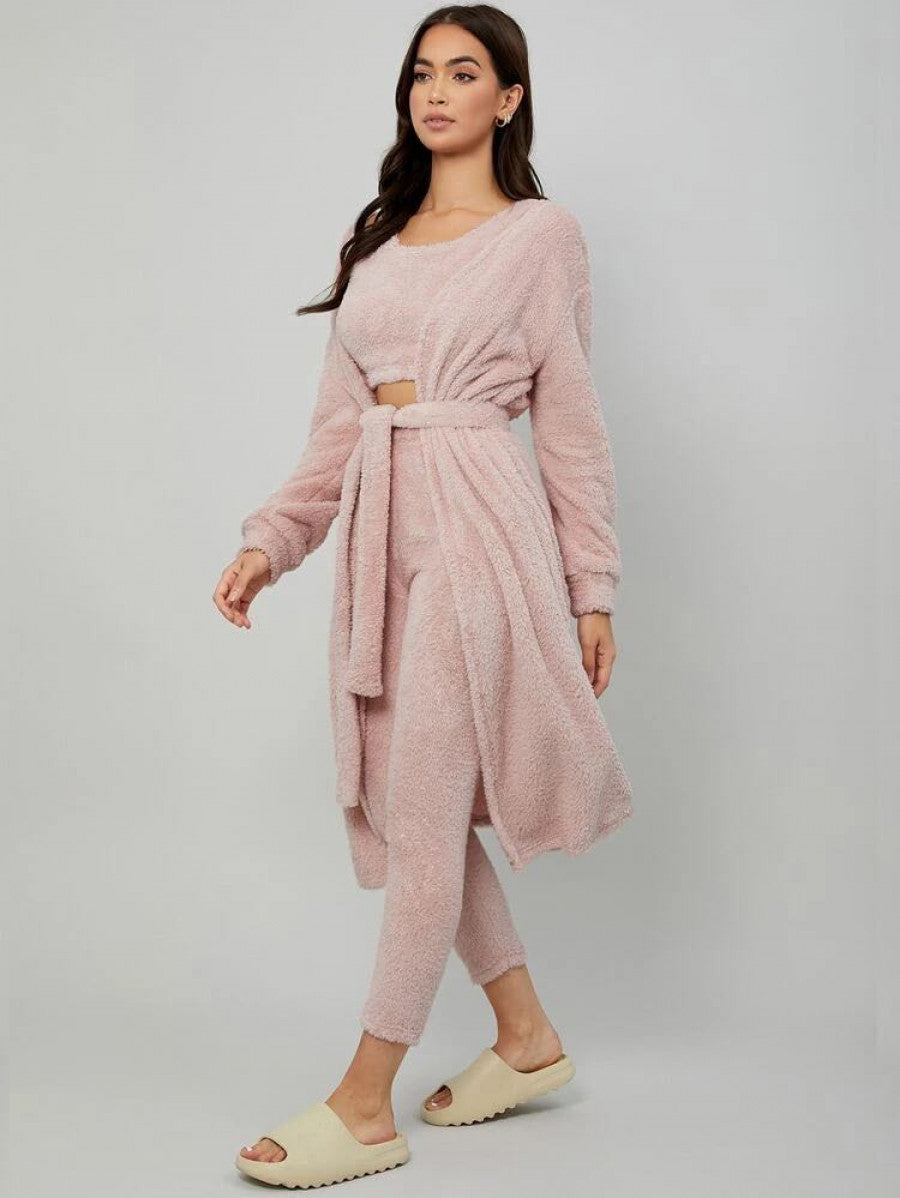 Drop Shoulder Belted Flannel Robe & Tank Top & Pants Lounge Set