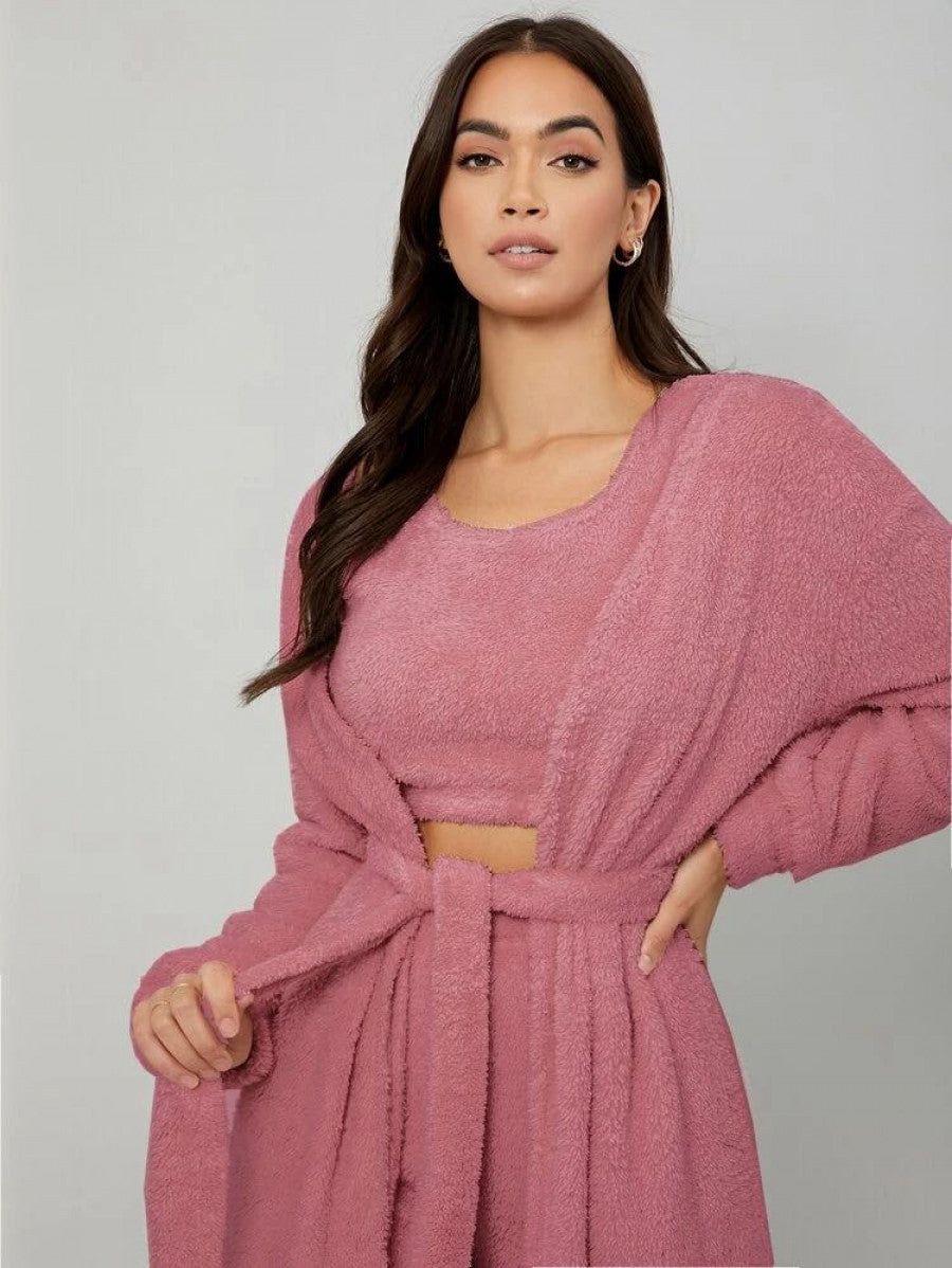 Drop Shoulder Belted Flannel Robe & Tank Top & Pants Lounge Set