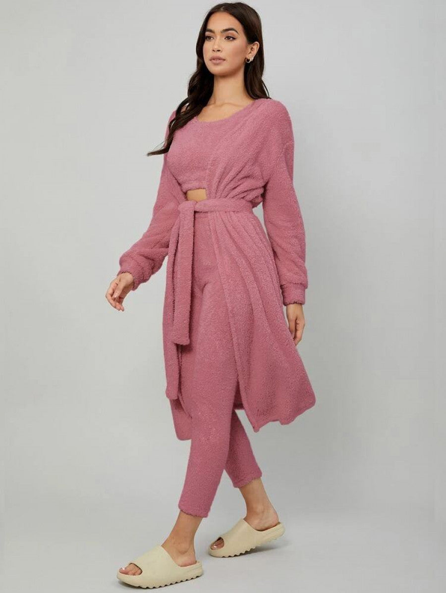 Drop Shoulder Belted Flannel Robe & Tank Top & Pants Lounge Set