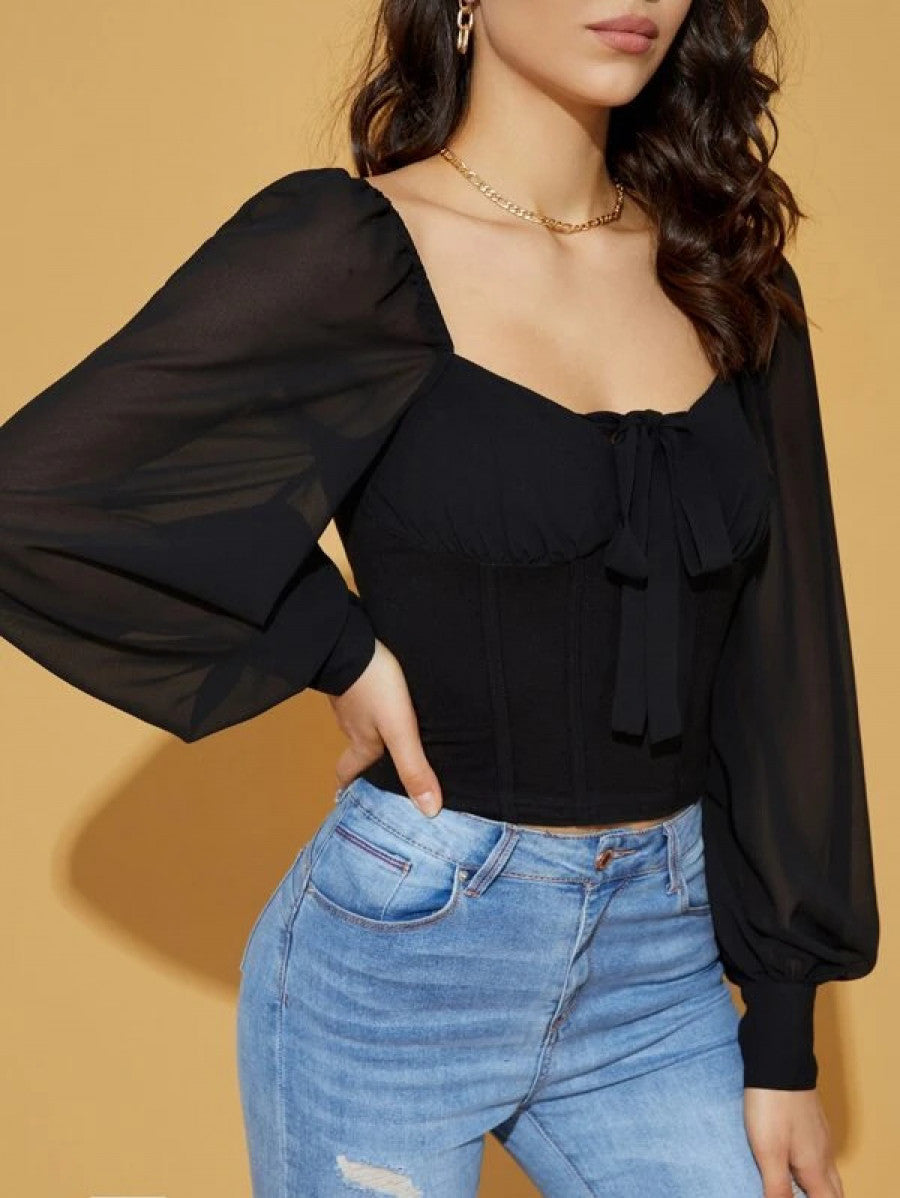 Sweetheart Neck Knot Front Chiffon Blouse