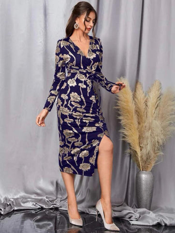 Floral Print Knot Front Split Thigh Dress