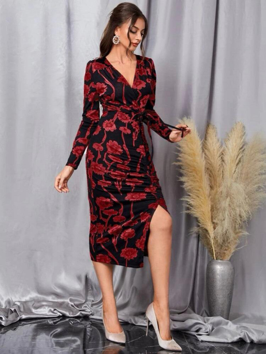 Floral Print Knot Front Split Thigh Dress