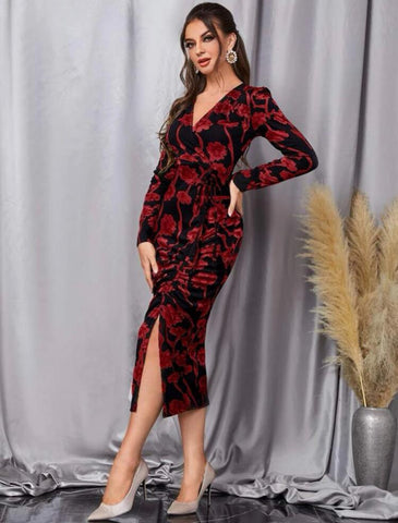 Floral Print Knot Front Split Thigh Dress