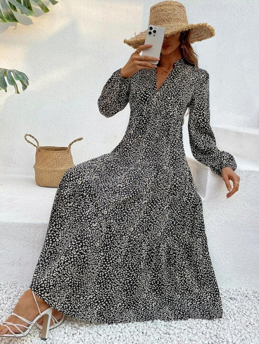 Leopard Print Lantern Sleeve Ruffle Hem Smock Dress