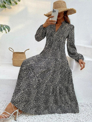 Leopard Print Lantern Sleeve Ruffle Hem Smock Dress