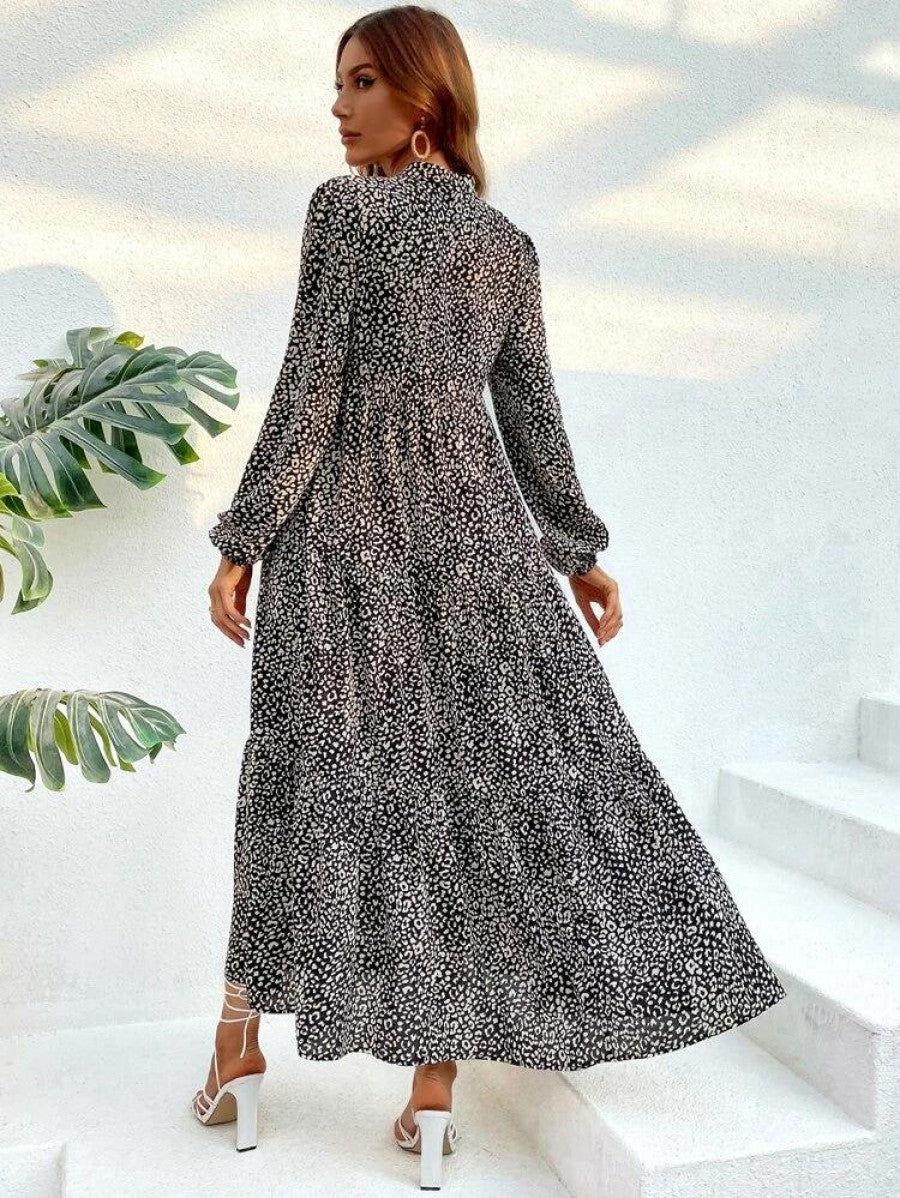 Leopard Print Lantern Sleeve Ruffle Hem Smock Dress