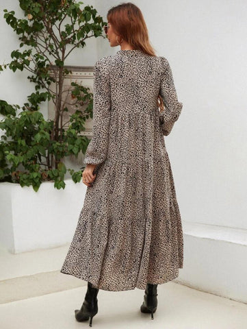 Leopard Print Lantern Sleeve Ruffle Hem Smock Dress