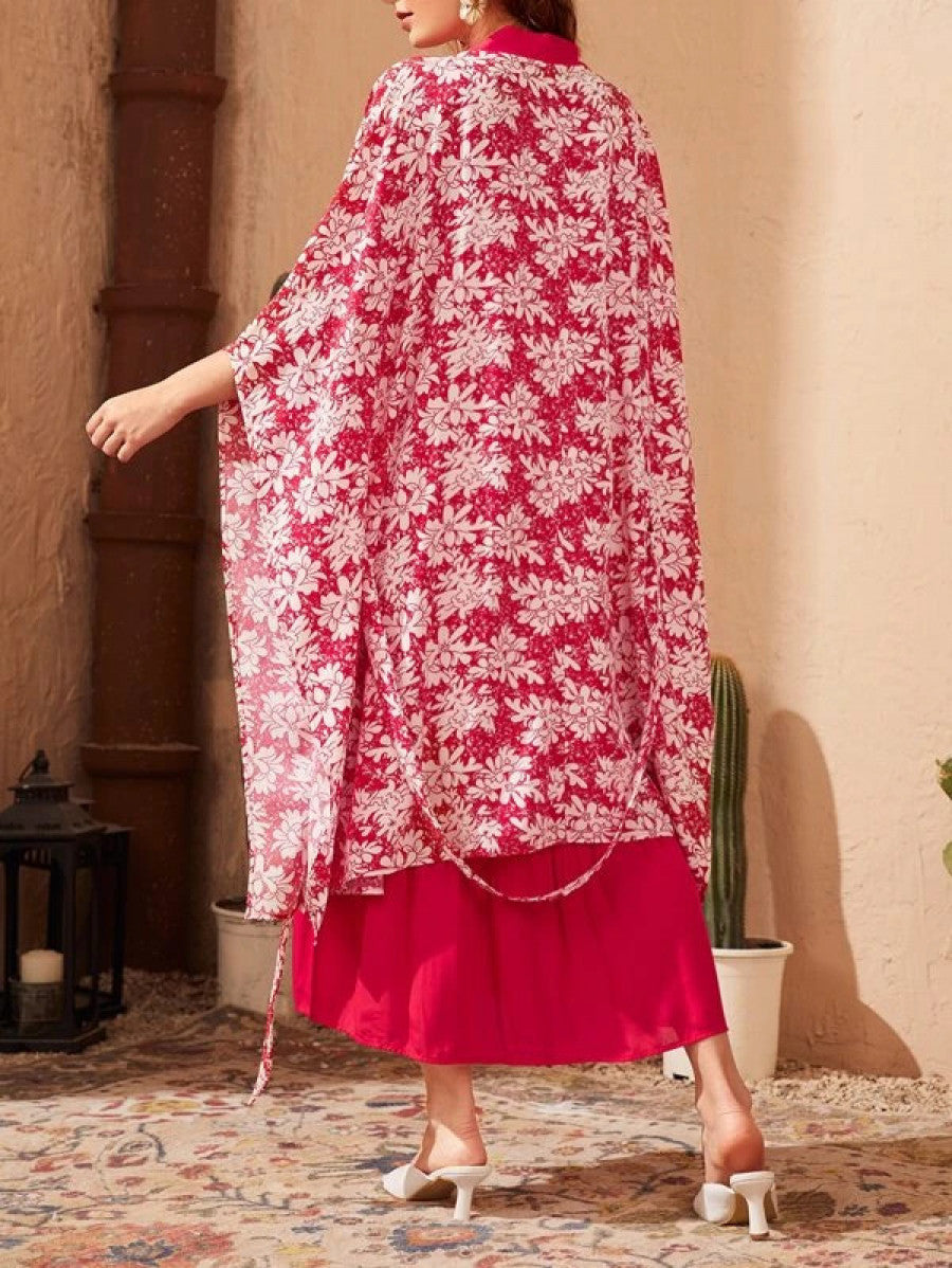 Shirred Ruffle Hem Cami Dress & Floral Print Kimono