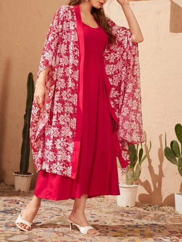 Shirred Ruffle Hem Cami Dress & Floral Print Kimono