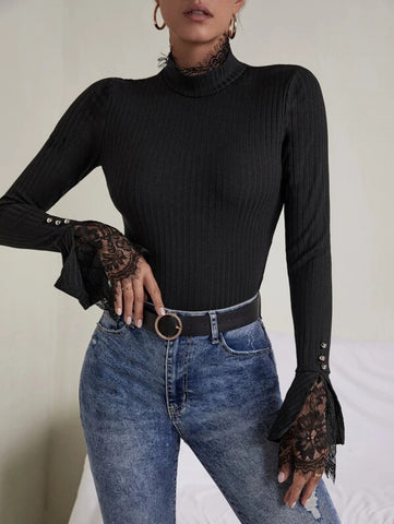 Mock Neck Lace Trim Split Sleeve Slim Tee