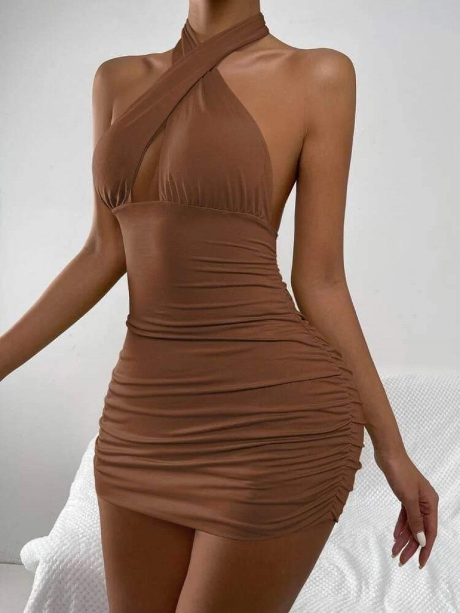 Crisscross Front Peekaboo Open Back Bodycon Halter Dress