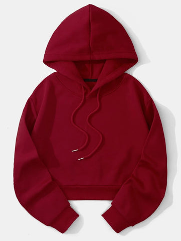 Solid Drawstring Crop Thermal Lined Hoodie