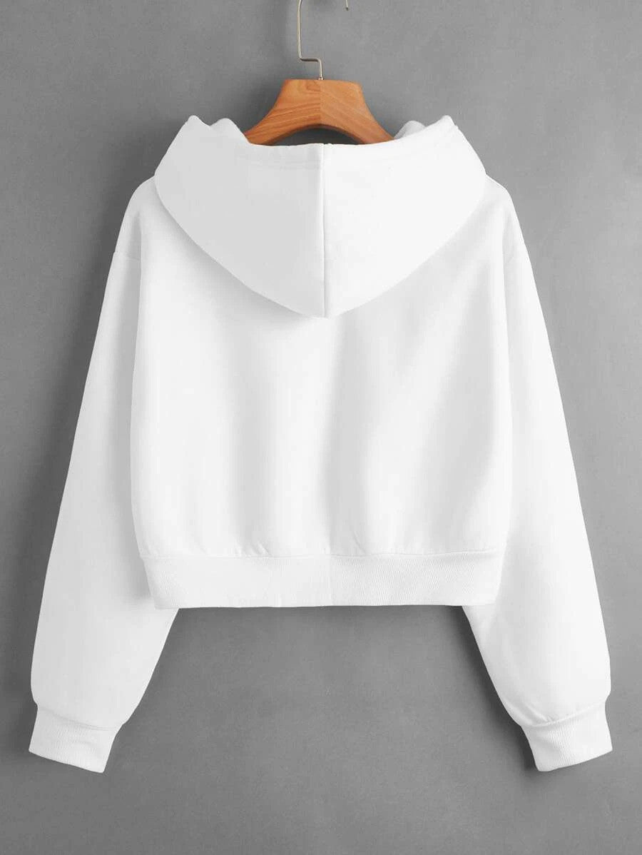 Solid Drawstring Crop Thermal Lined Hoodie