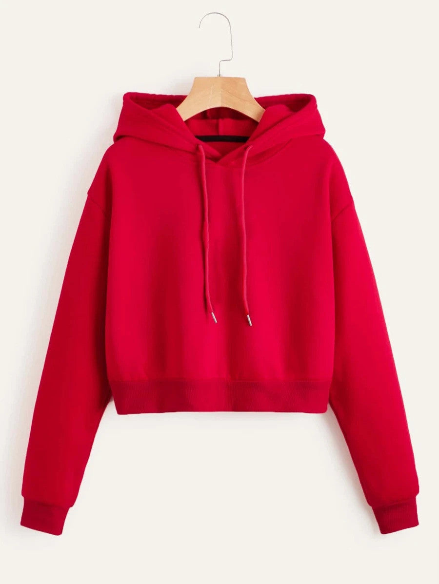 Solid Drawstring Crop Thermal Lined Hoodie