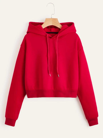 Solid Drawstring Crop Thermal Lined Hoodie