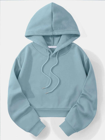 Solid Drawstring Crop Thermal Lined Hoodie