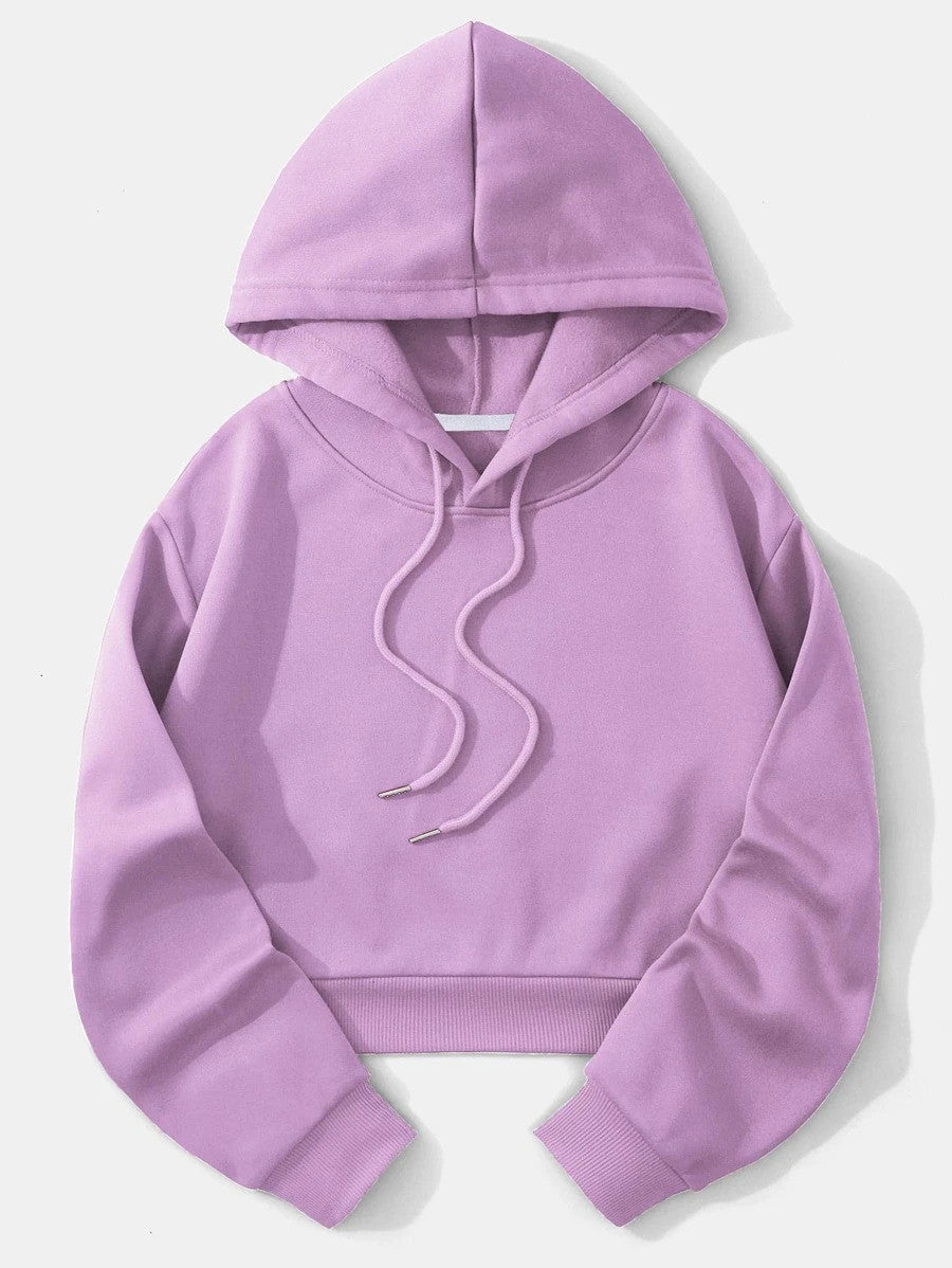 Solid Drawstring Crop Thermal Lined Hoodie