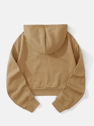 Solid Drawstring Crop Thermal Lined Hoodie