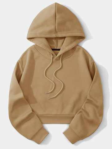 Solid Drawstring Crop Thermal Lined Hoodie