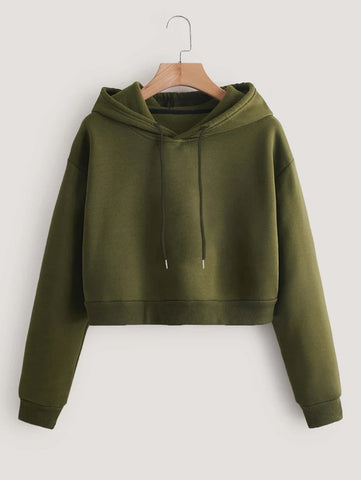 Solid Drawstring Crop Thermal Lined Hoodie