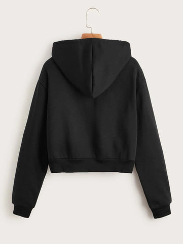 Solid Drawstring Crop Thermal Lined Hoodie