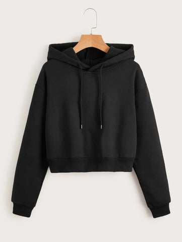 Solid Drawstring Crop Thermal Lined Hoodie