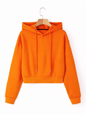 Solid Drawstring Crop Thermal Lined Hoodie