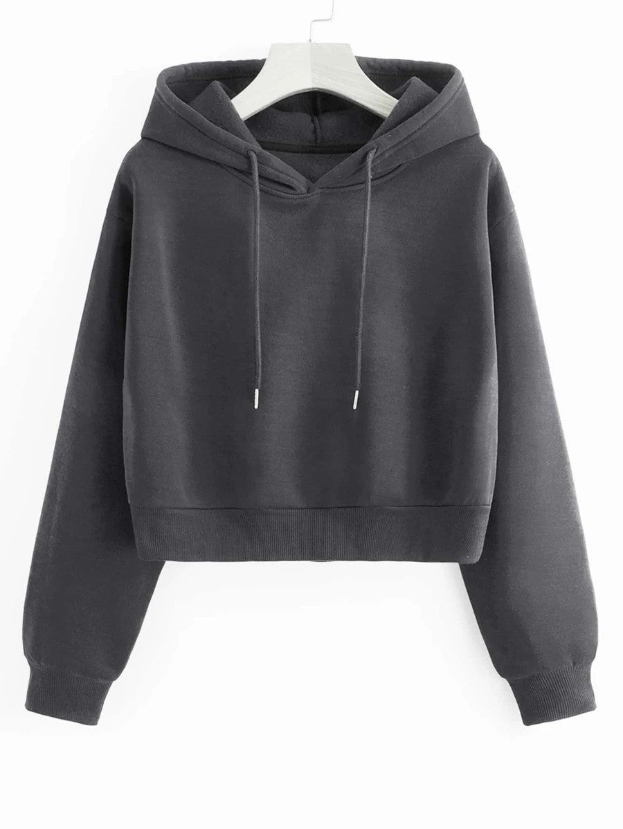 Solid Drawstring Crop Thermal Lined Hoodie