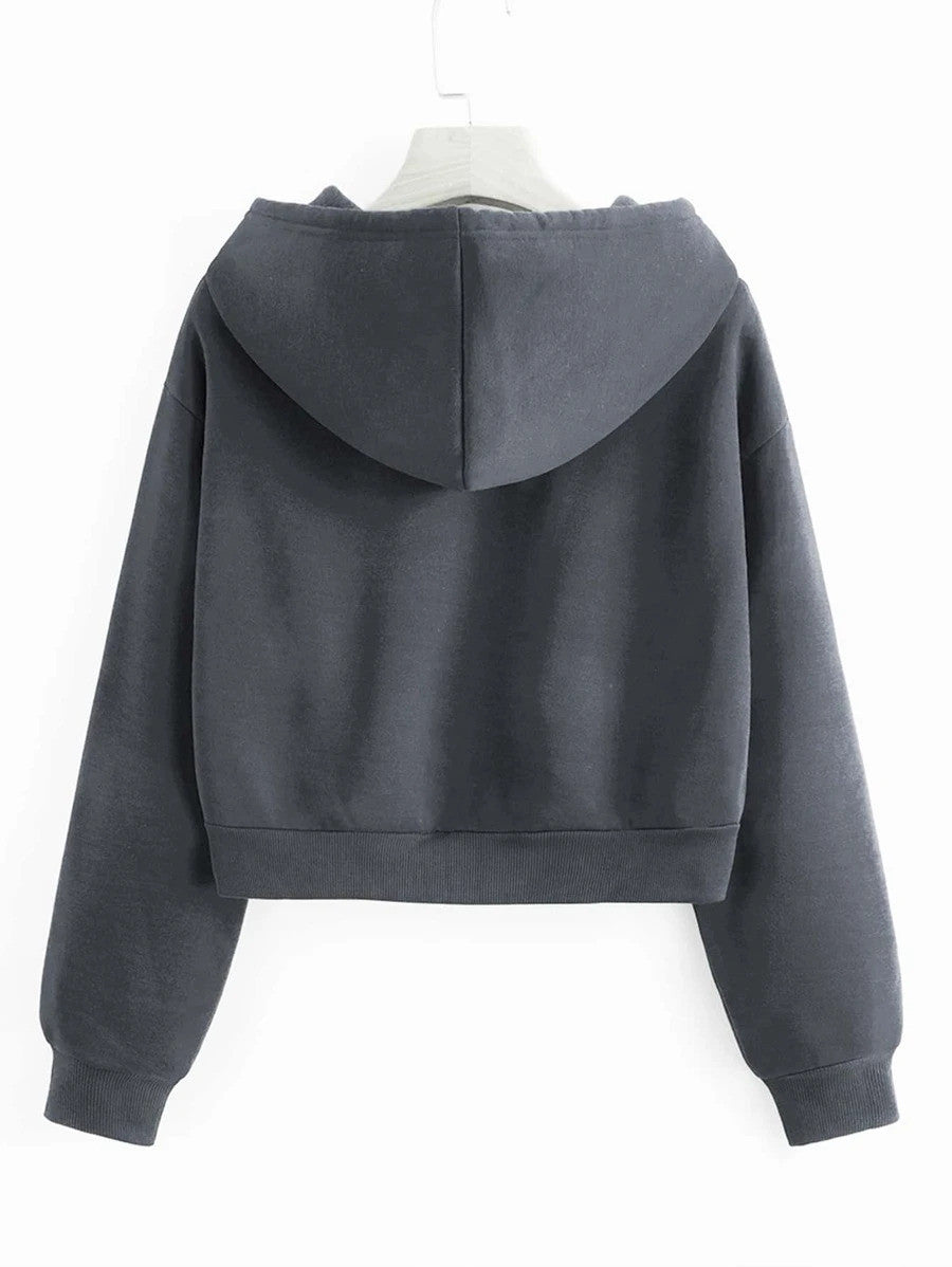 Solid Drawstring Crop Thermal Lined Hoodie