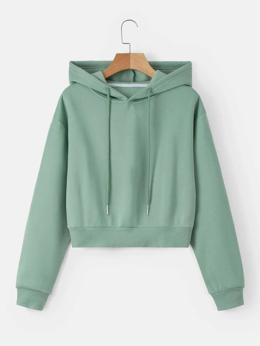 Solid Drawstring Crop Thermal Lined Hoodie