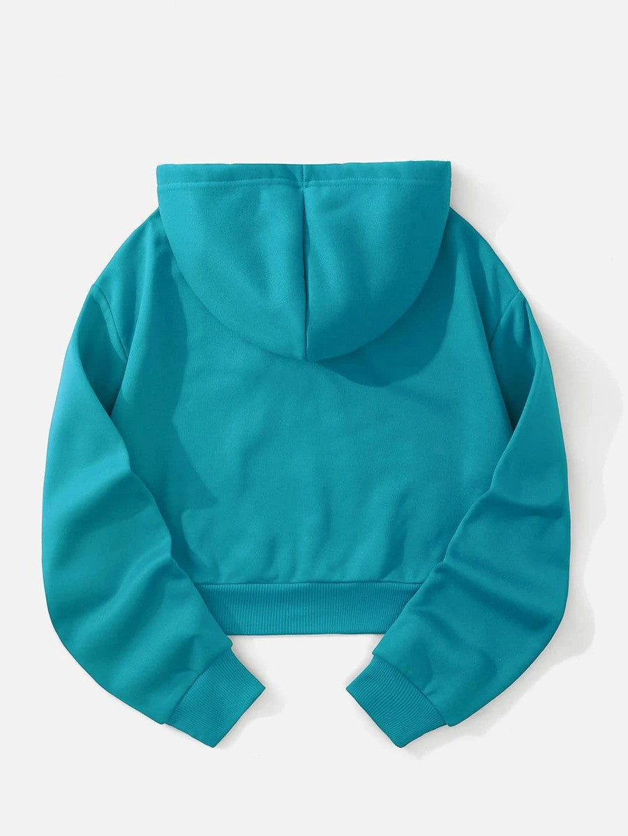 Solid Drawstring Crop Thermal Lined Hoodie