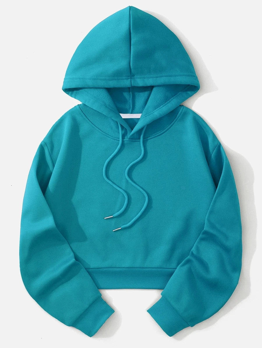 Solid Drawstring Crop Thermal Lined Hoodie