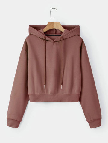 Solid Drawstring Crop Thermal Lined Hoodie