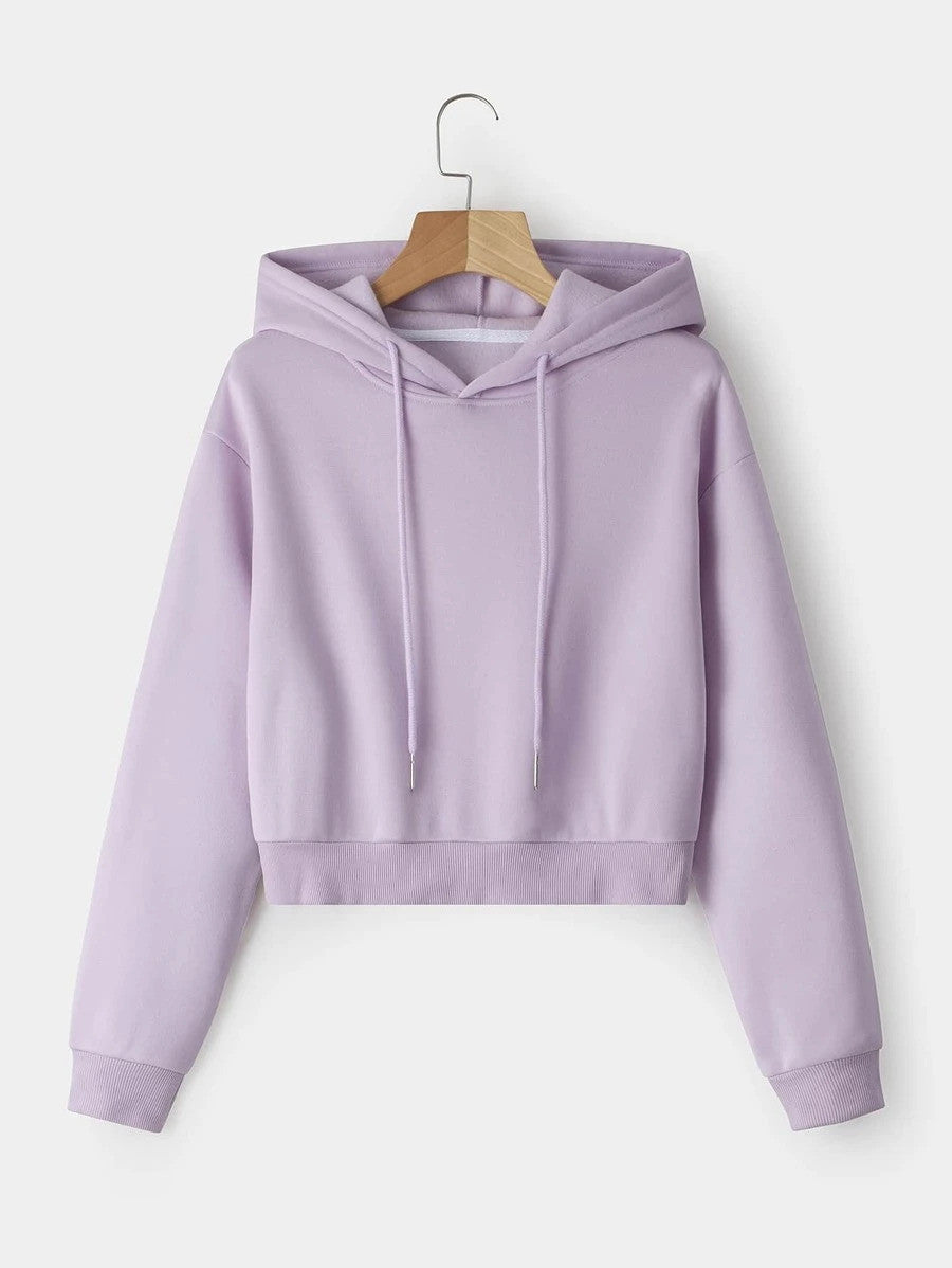 Solid Drawstring Crop Thermal Lined Hoodie