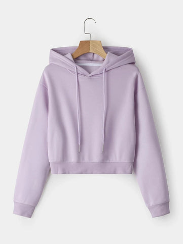 Solid Drawstring Crop Thermal Lined Hoodie