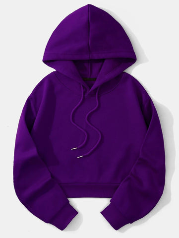 Solid Drawstring Crop Thermal Lined Hoodie