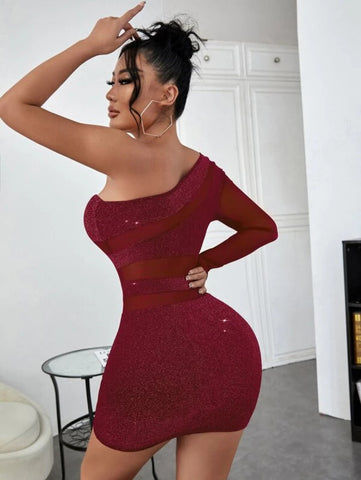 SXY Glitter Contrast Mesh One Shoulder Dress