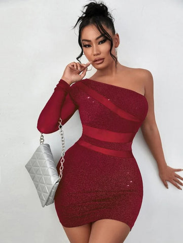 SXY Glitter Contrast Mesh One Shoulder Dress