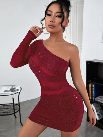 SXY Glitter Contrast Mesh One Shoulder Dress