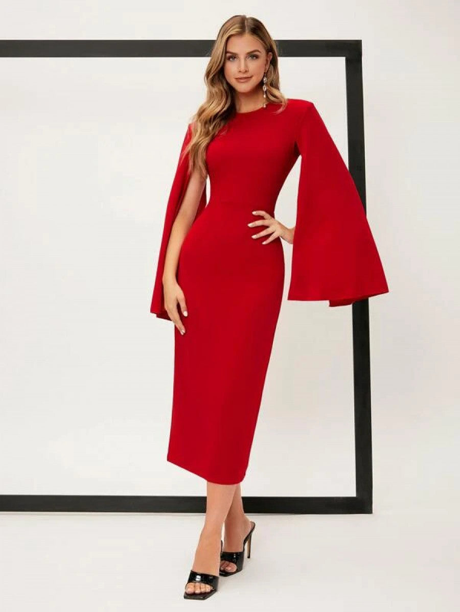 Solid Cloak Sleeve Split Back Dress