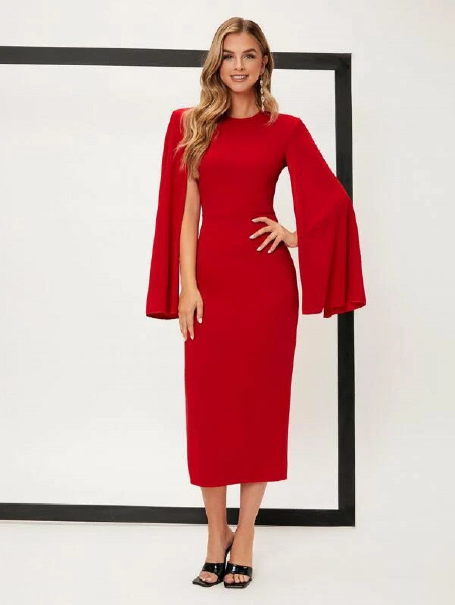 Solid Cloak Sleeve Split Back Dress