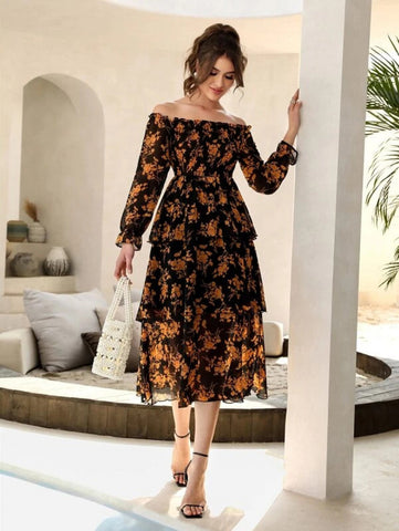 Floral Print Off Shoulder Shirred Flounce Sleeve Layered Hem Dress