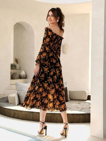 Floral Print Off Shoulder Shirred Flounce Sleeve Layered Hem Dress