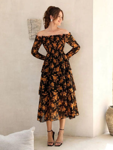 Floral Print Off Shoulder Shirred Flounce Sleeve Layered Hem Dress