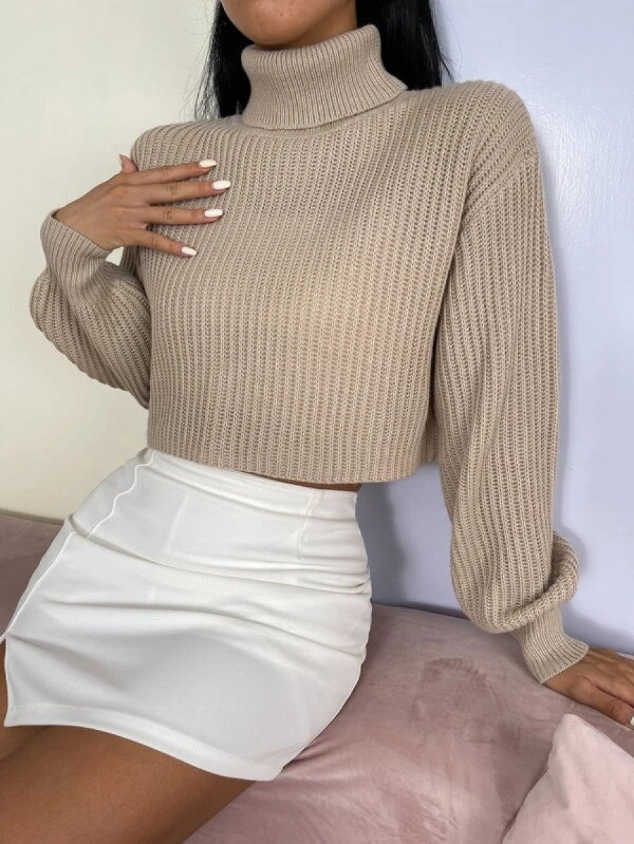 Turtleneck Ribbed Knit Drop Shoulder Sweater