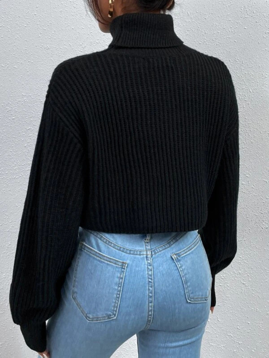 Turtleneck Ribbed Knit Drop Shoulder Sweater