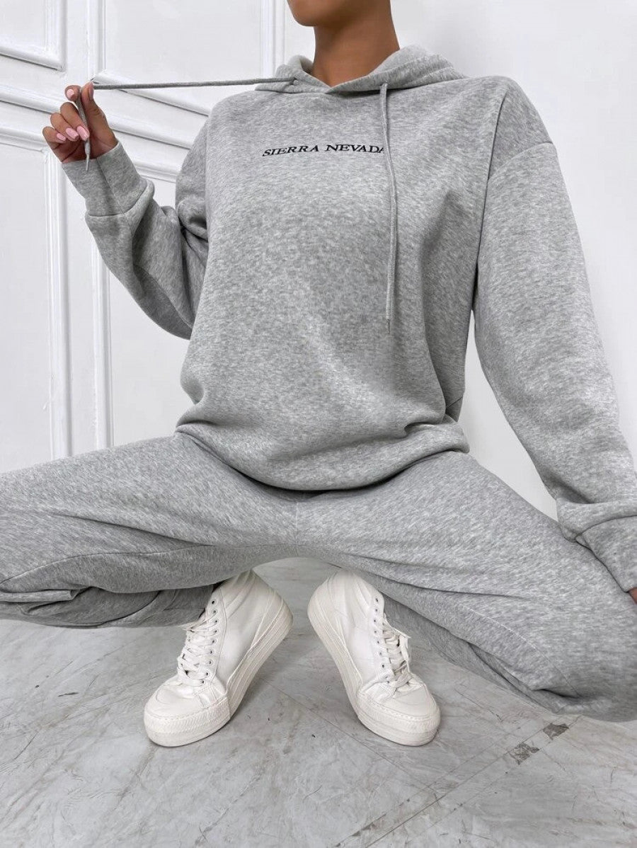 Letter Embroidery Drop Shoulder Hoodie & Sweatpants