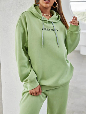 Letter Embroidery Drop Shoulder Hoodie & Sweatpants