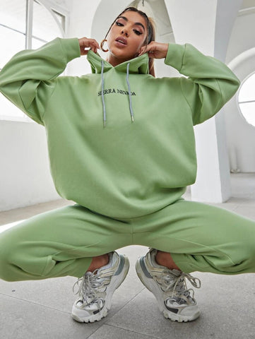 Letter Embroidery Drop Shoulder Hoodie & Sweatpants