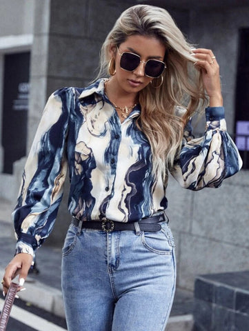 Marble Print Puff Sleeve Shirt